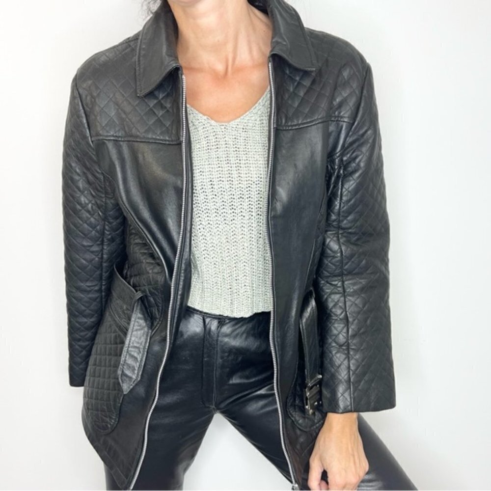 Black quilted leather 3/4 length belted jacket M - Picture 3 of 15